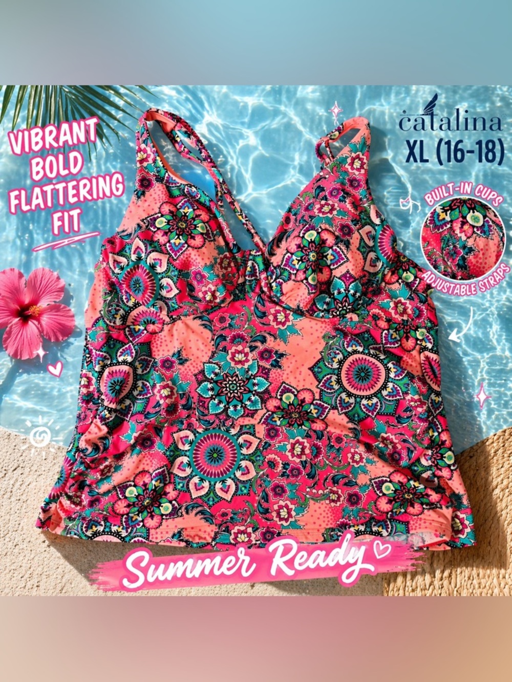 Catalina Coral-Orange Swim Top with Pink Trim